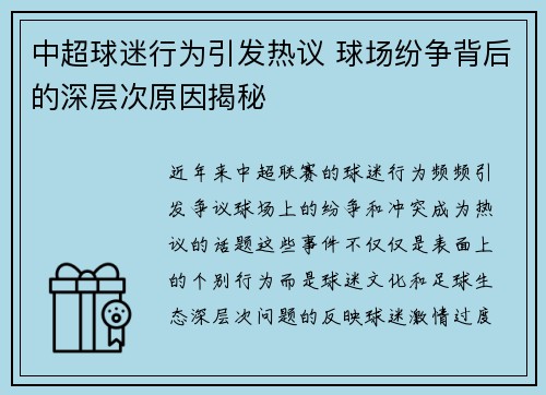 中超球迷行为引发热议 球场纷争背后的深层次原因揭秘