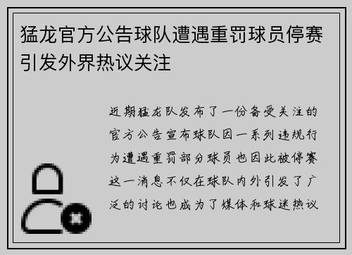 猛龙官方公告球队遭遇重罚球员停赛引发外界热议关注