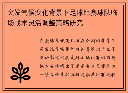 突发气候变化背景下足球比赛球队临场战术灵活调整策略研究