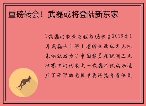 重磅转会！武磊或将登陆新东家
